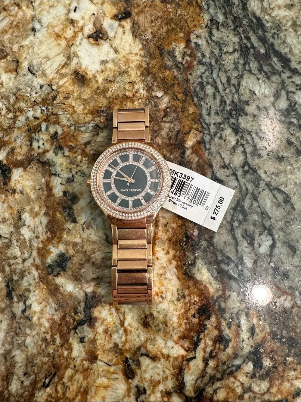 Michael Kors Rose Gold Watch with Black Dial and Crystal Bezel